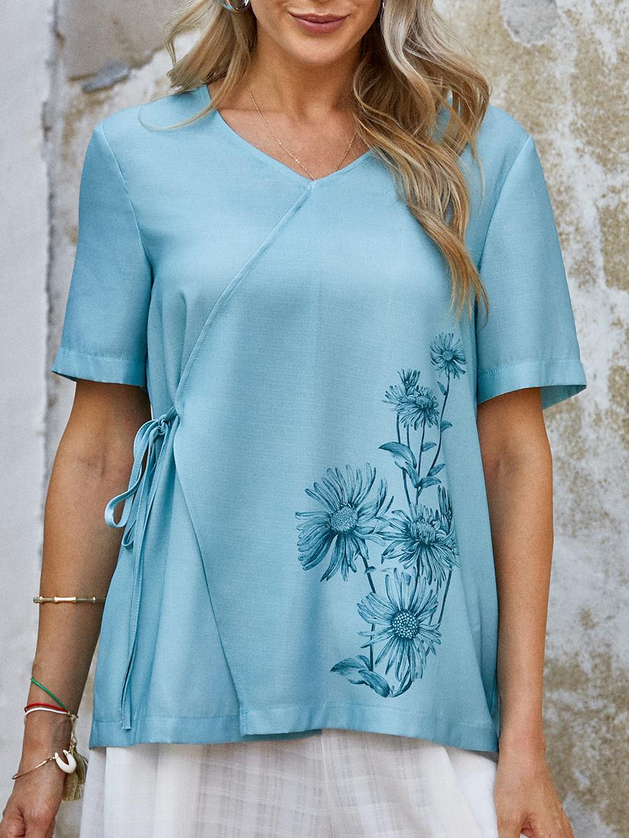 Womens Floral Print V-neck Short-sleeved Shirt