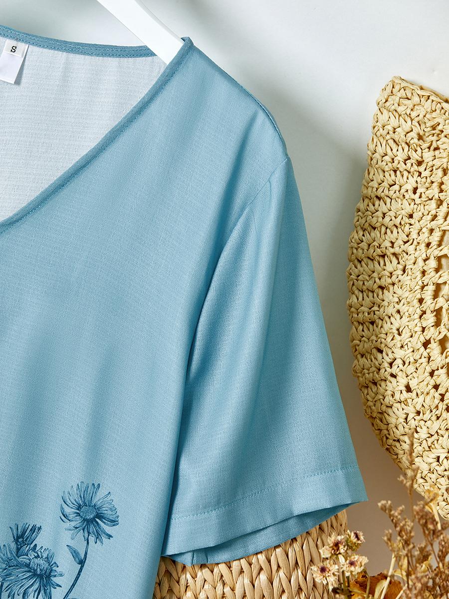 Womens Floral Print V-neck Short-sleeved Shirt