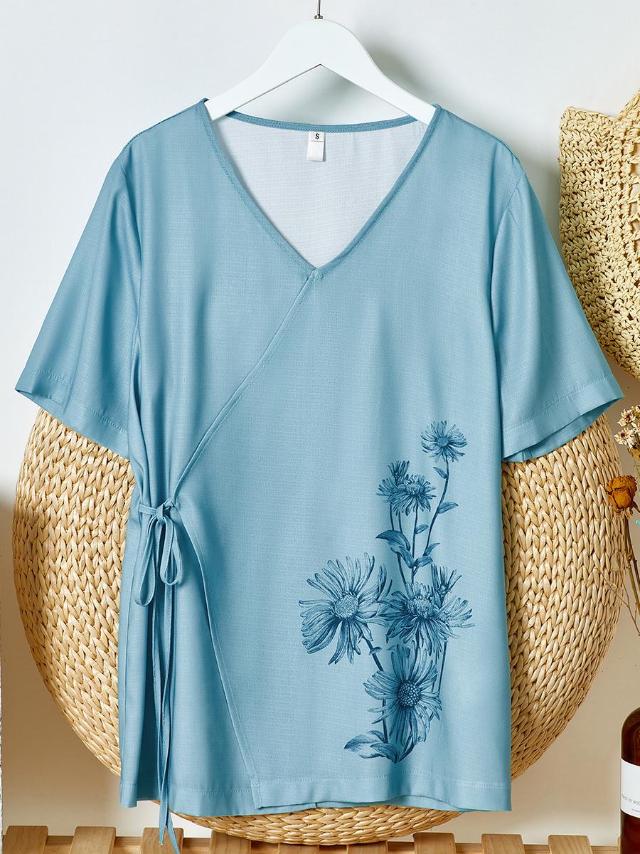 Womens Floral Print V-neck Short-sleeved Shirt