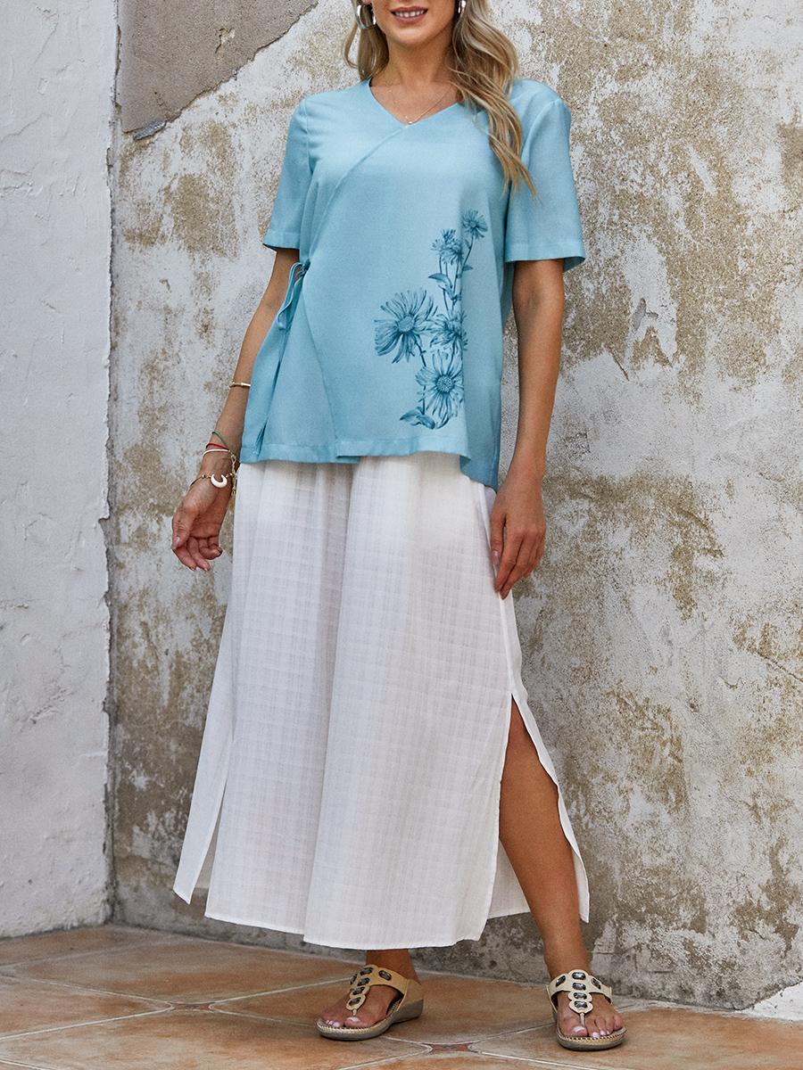 Womens Floral Print V-neck Short-sleeved Shirt
