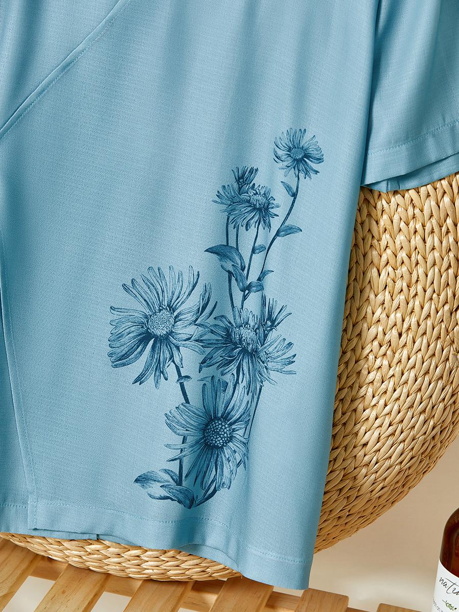 Womens Floral Print V-neck Short-sleeved Shirt