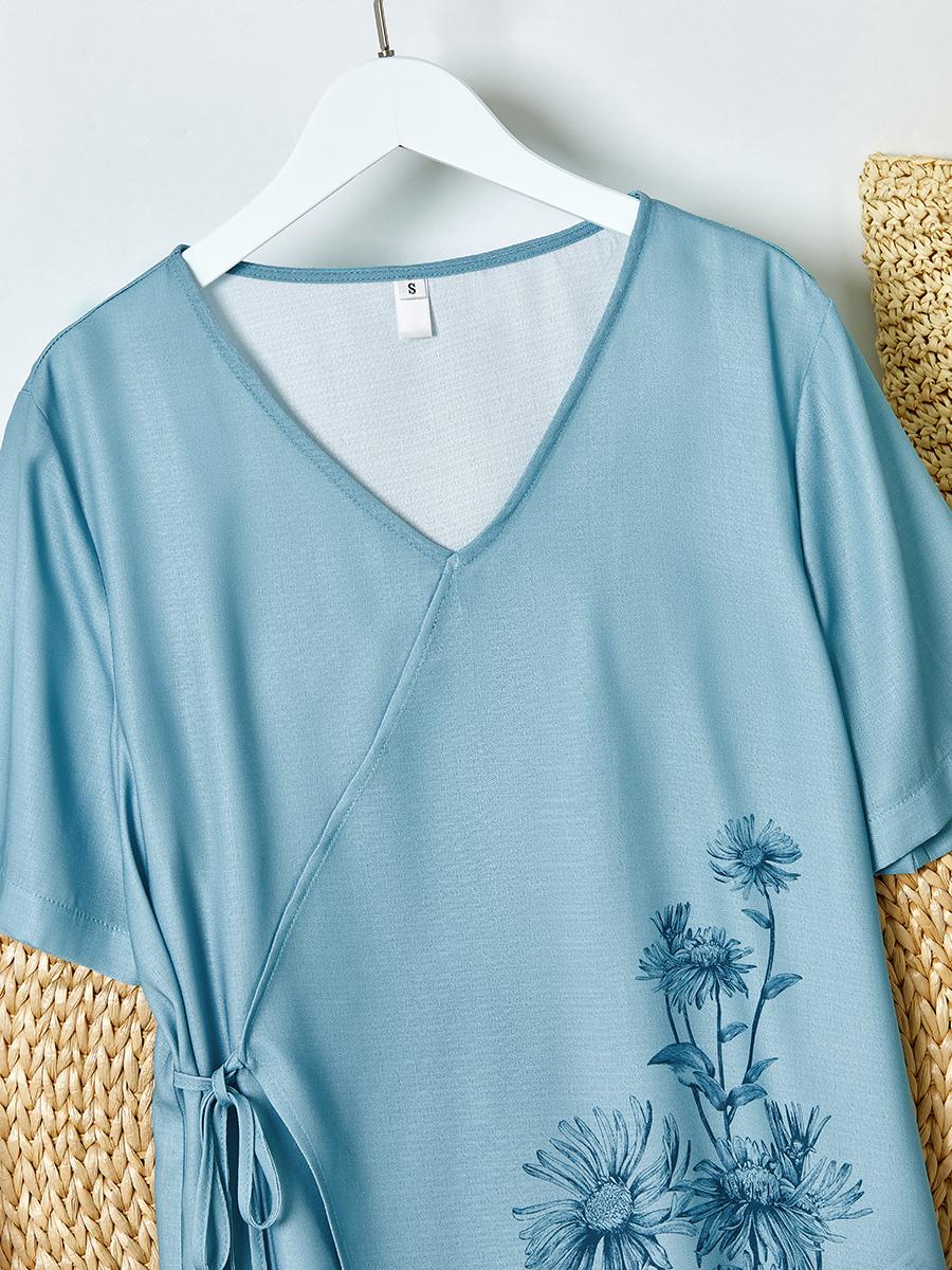 Womens Floral Print V-neck Short-sleeved Shirt