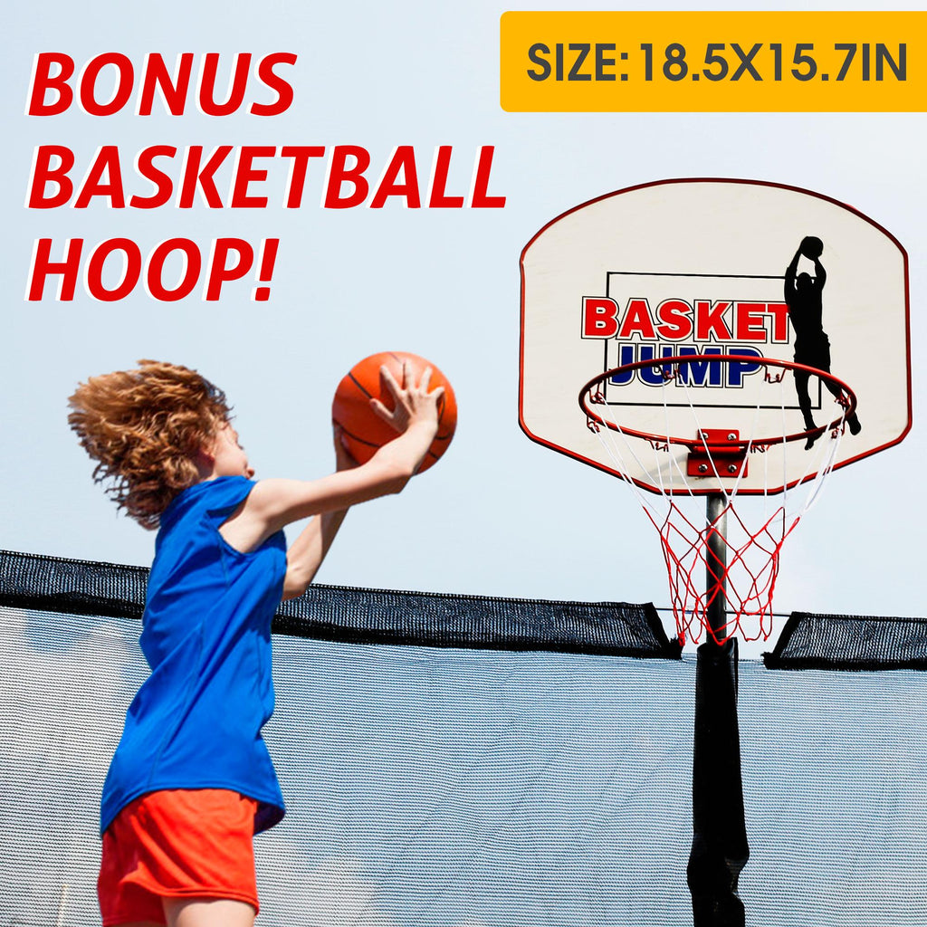 14FT Trampoline with Basketball Hoop&amp;Safety Enclosure Net for Kids/Adults Fitness Trampoline, Waterproof Jump Mat, Ladder, Spring Cover Pad Exercise Fitness Outdoor Trampoline