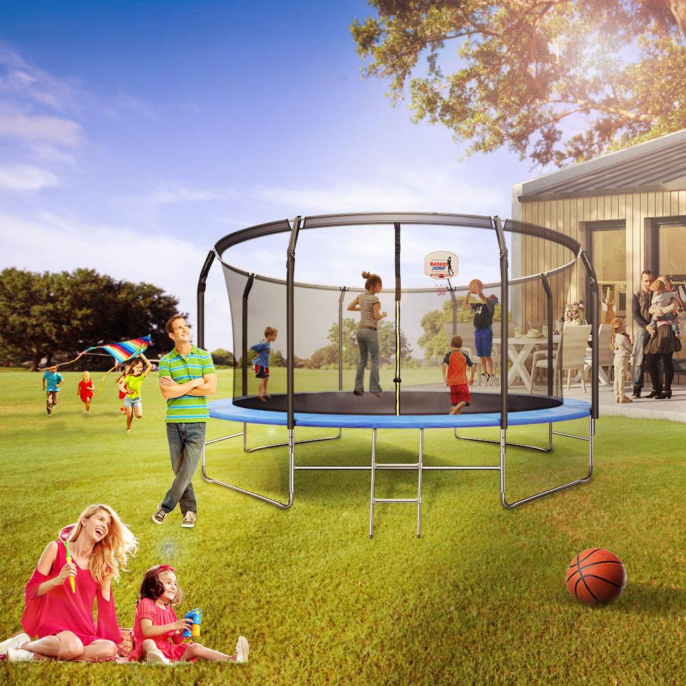14FT Trampoline with Basketball Hoop&amp;Safety Enclosure Net for Kids/Adults Fitness Trampoline, Waterproof Jump Mat, Ladder, Spring Cover Pad Exercise Fitness Outdoor Trampoline