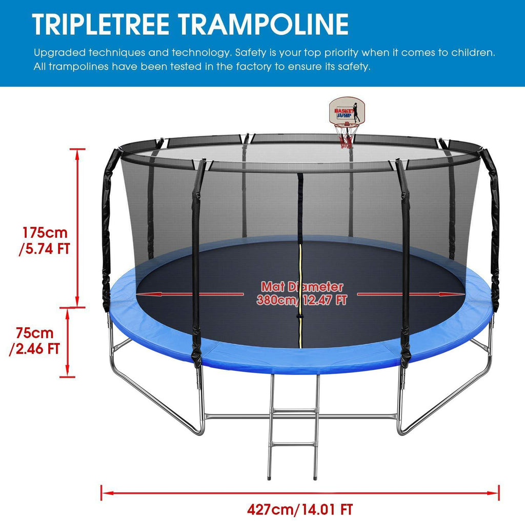 14FT Trampoline with Basketball Hoop&amp;Safety Enclosure Net for Kids/Adults Fitness Trampoline, Waterproof Jump Mat, Ladder, Spring Cover Pad Exercise Fitness Outdoor Trampoline