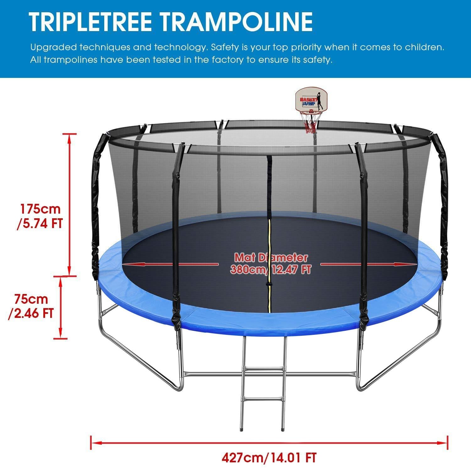 14FT Trampoline with Basketball Hoop&amp;Safety Enclosure Net for Kids/Adults Fitness Trampoline, Waterproof Jump Mat, Ladder, Spring Cover Pad Exercise Fitness Outdoor Trampoline