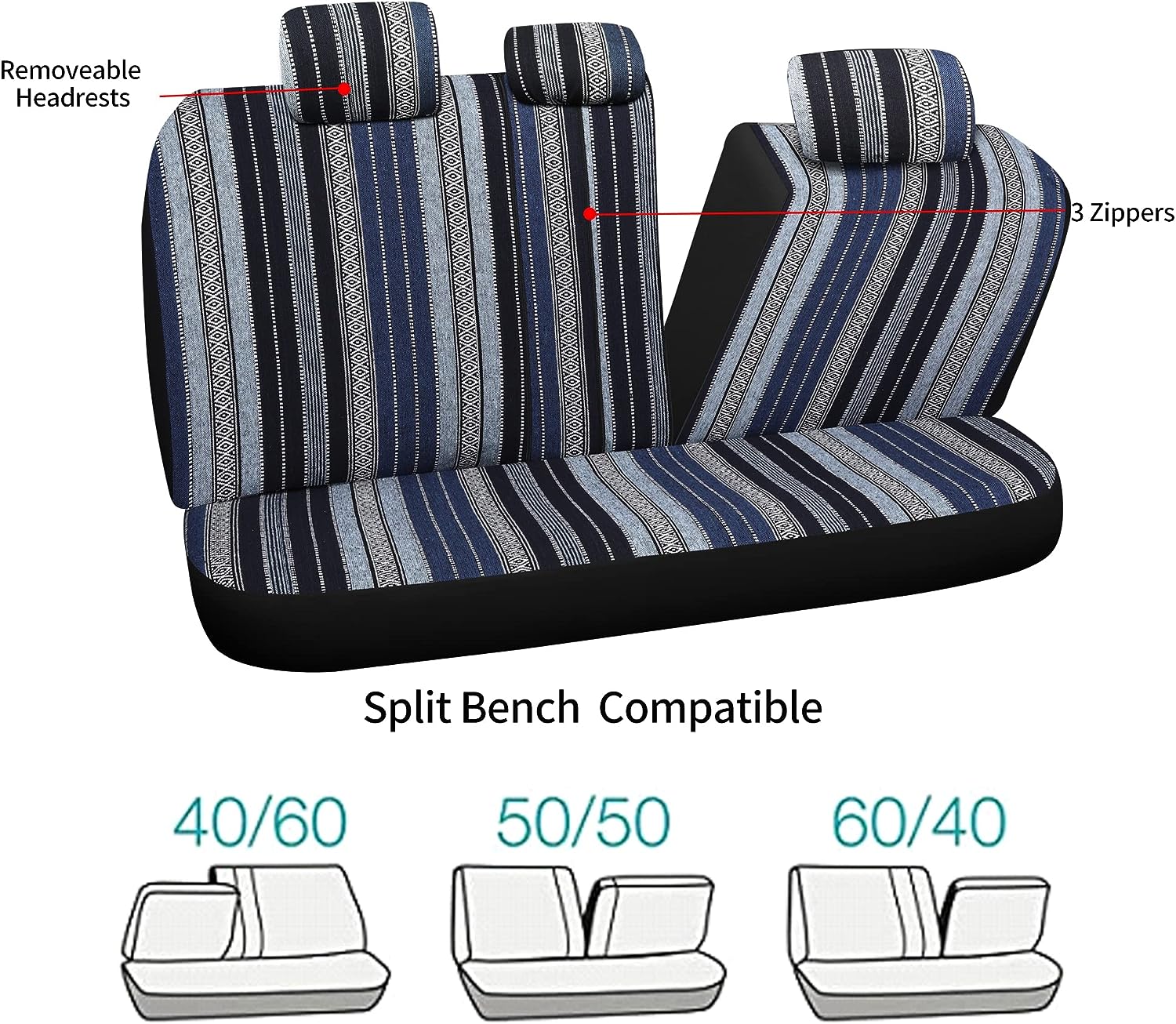 Pariitadin Baja Saddle Blanket Car Seat Covers Full Set with Seat Belt Pads, Washable Breathable Striped Woven Cloth Seat Covers for Cars Interior, Universal Fit Most Cars, Airbag Compatible, Blue