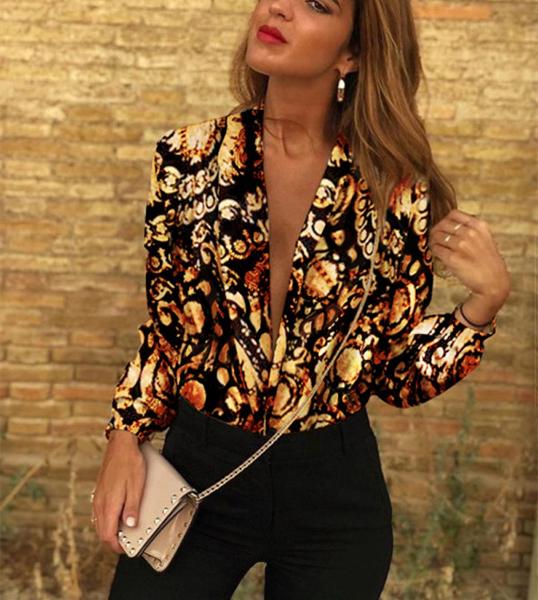 Autumn And Winter Fashion V Collar Print Long-Sleeved Shirt