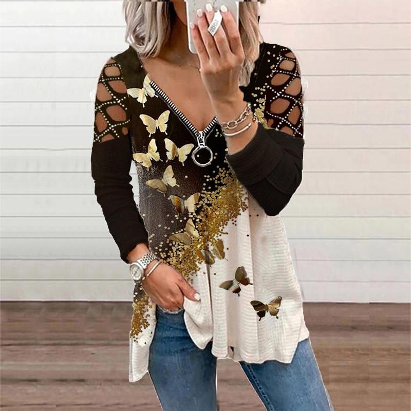 Fashion Butterfly Print Sequin Sleeve Top Women