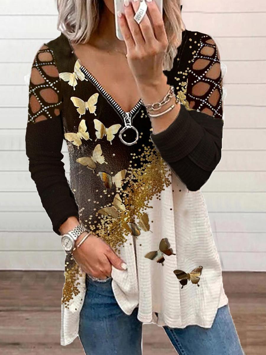 Fashion Butterfly Print Sequin Sleeve Top Women