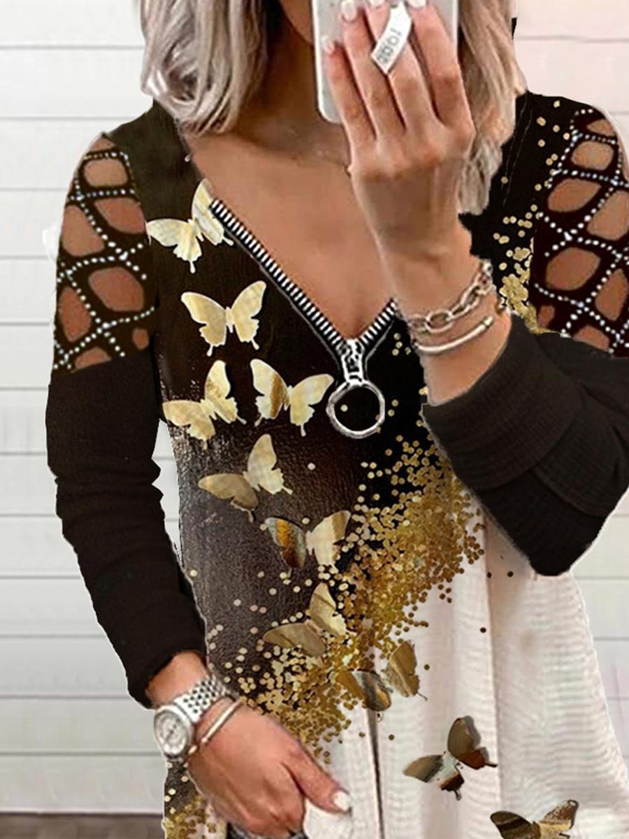 Fashion Butterfly Print Sequin Sleeve Top Women