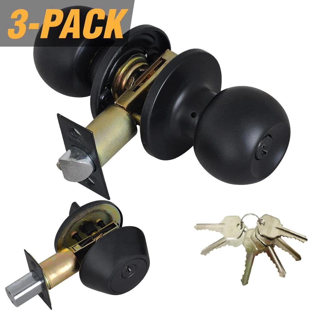 Black Entry Door Knob Combo Lock Set with Deadbolt and 18 Keys Total, (3-Pack, Keyed Alike)
