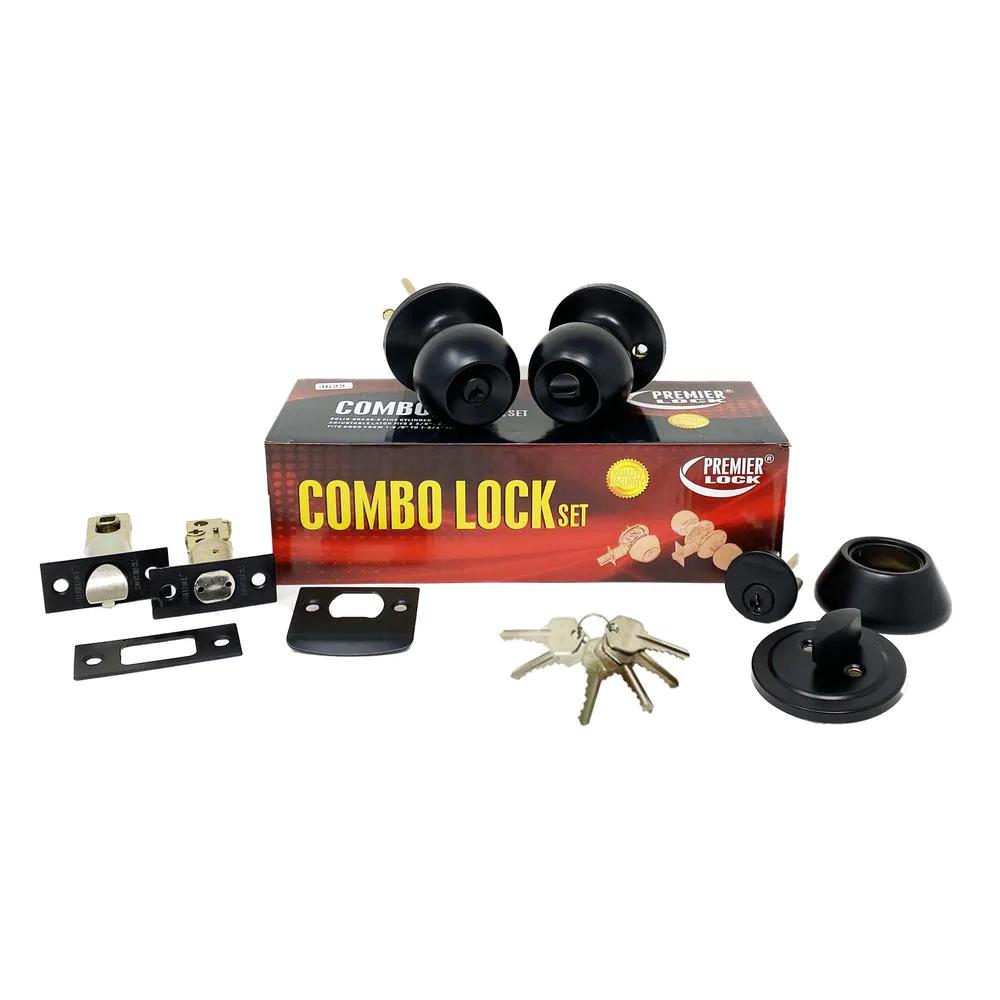 Black Entry Door Knob Combo Lock Set with Deadbolt and 18 Keys Total, (3-Pack, Keyed Alike)