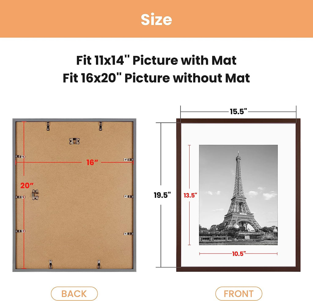 upsimples 16x20 Picture Frame Set of 5, Display Pictures 11x14 with Mat or 16x20 Without Mat, Wall Gallery Poster Frames, Dark Gray