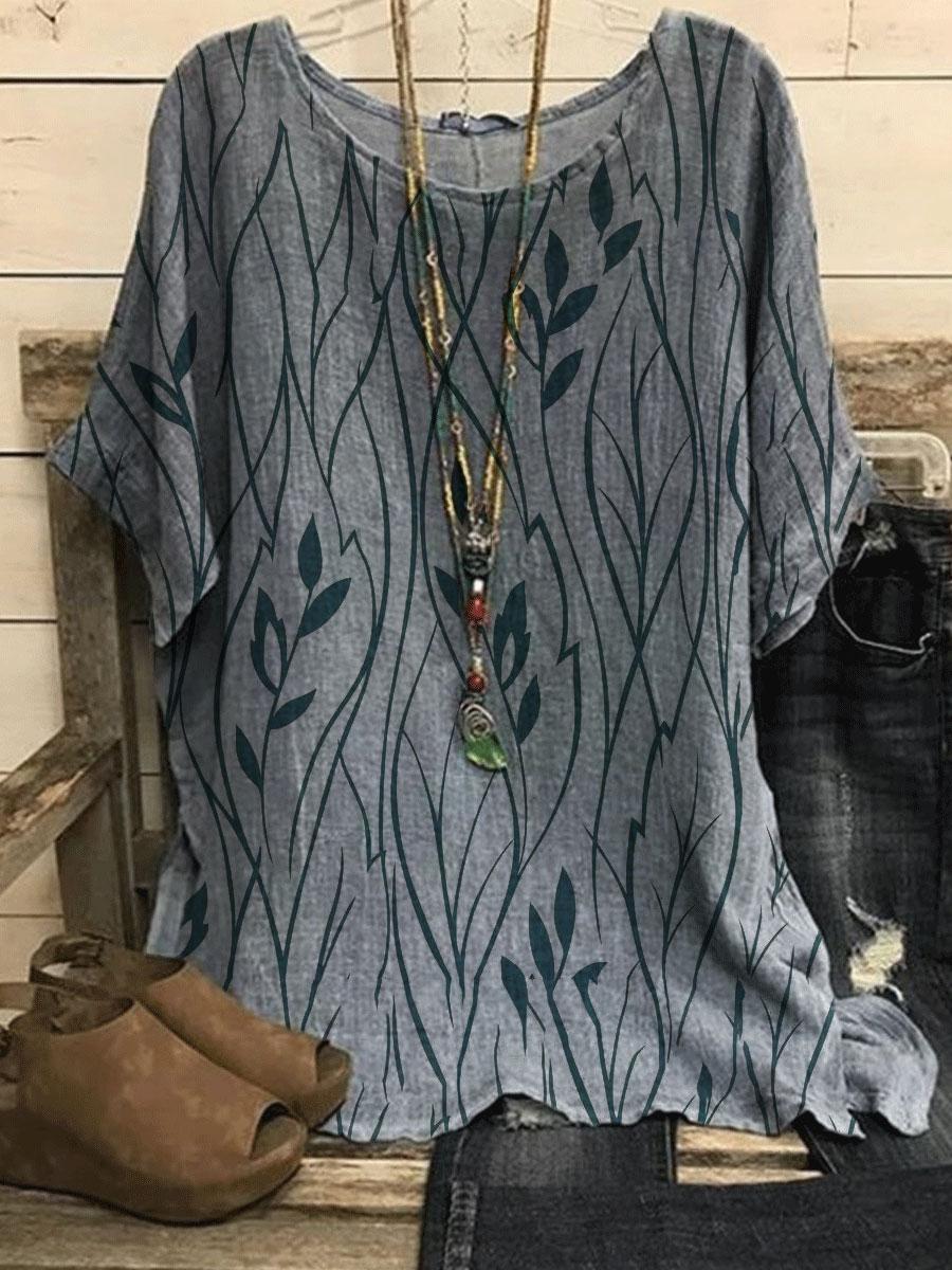 Round Neck Leaf Print Loose Casual Short-sleeved Blouse
