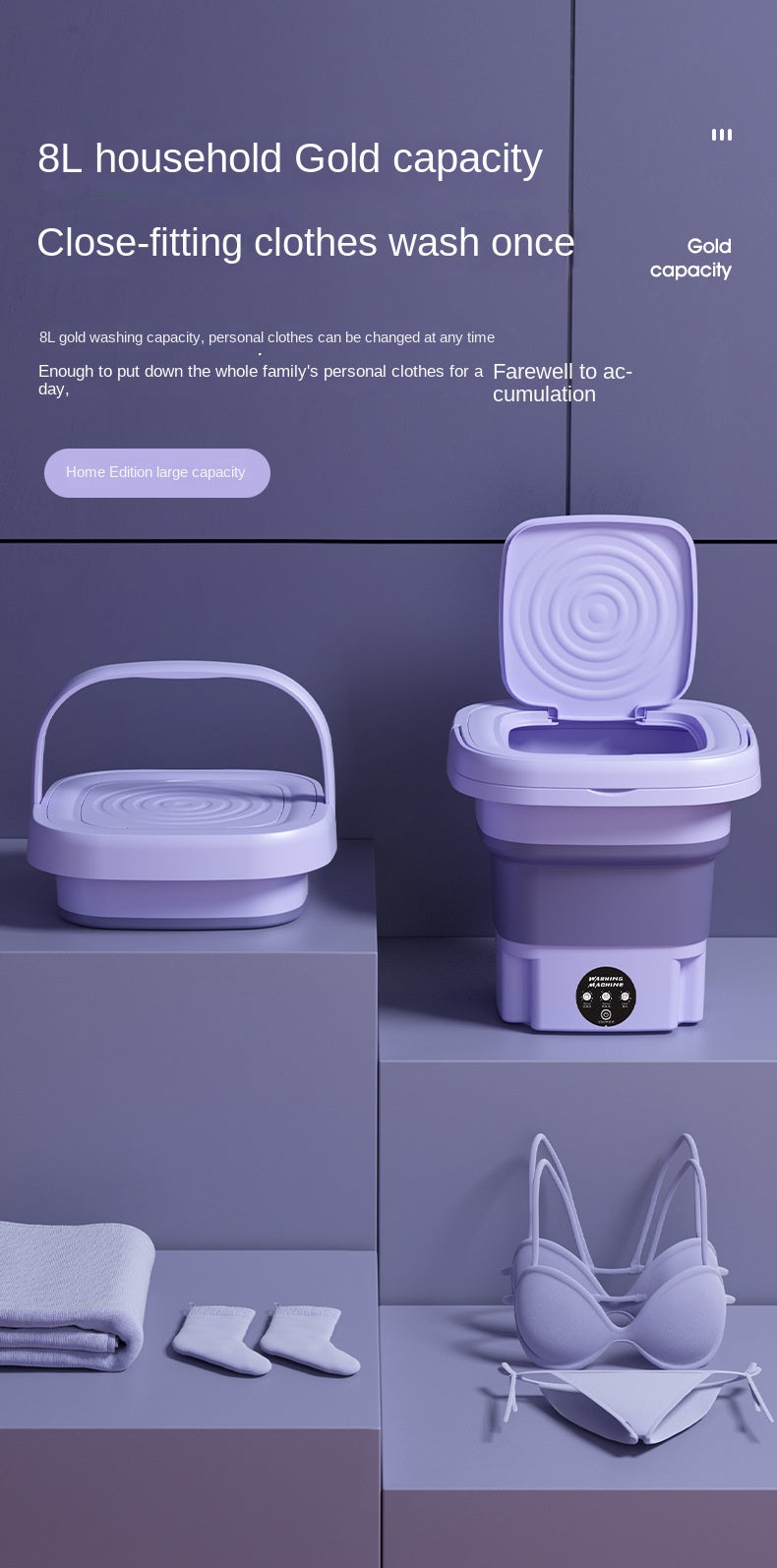 Portable Foldable Mini Washing Machine 8L High Capacity With 3 Modes Deep Cleaning Half Automatic Washt Soft Spin Dry For RV Travel, Camping