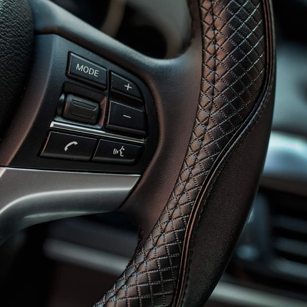 Valleycomfy Universal 15 inch Auto Car Steering Wheel Cover with Black Genuine Leather for HRV CRV Accord Corolla Prius Rav4 Tacoma Camry X1 X3 X5 335i 535i,etc
