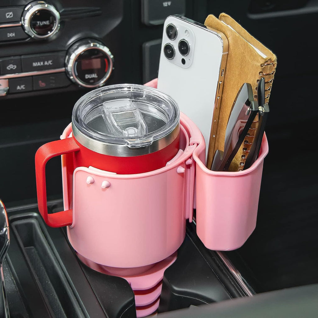 JoyTutus Cup Holder with Storage Box 2 Pack, Cup Holder Expander for Car, Large Car Cup Holder Adapt Most Regular Cup Holder 18-40oz, with Attached Organizer, Pink