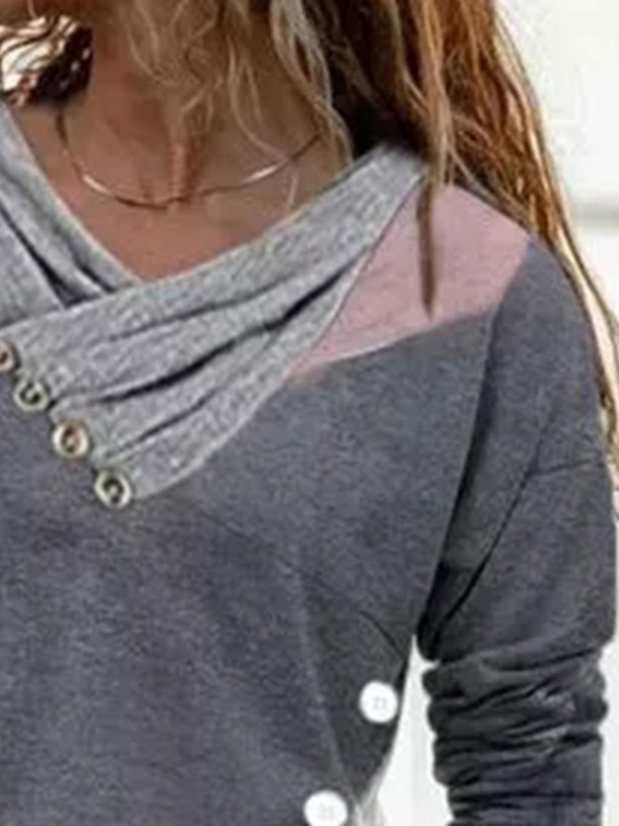 Colorblock Fashion Print Lapel Long Sleeve Casual T-shirt