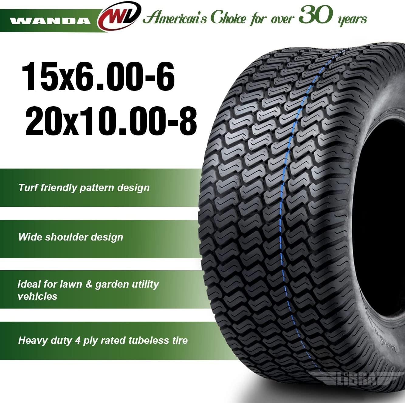 Set of 4 New Lawn Mower Turf Tires 15x6-6 Front & 20x10-8 Rear /4PR -13016/13040