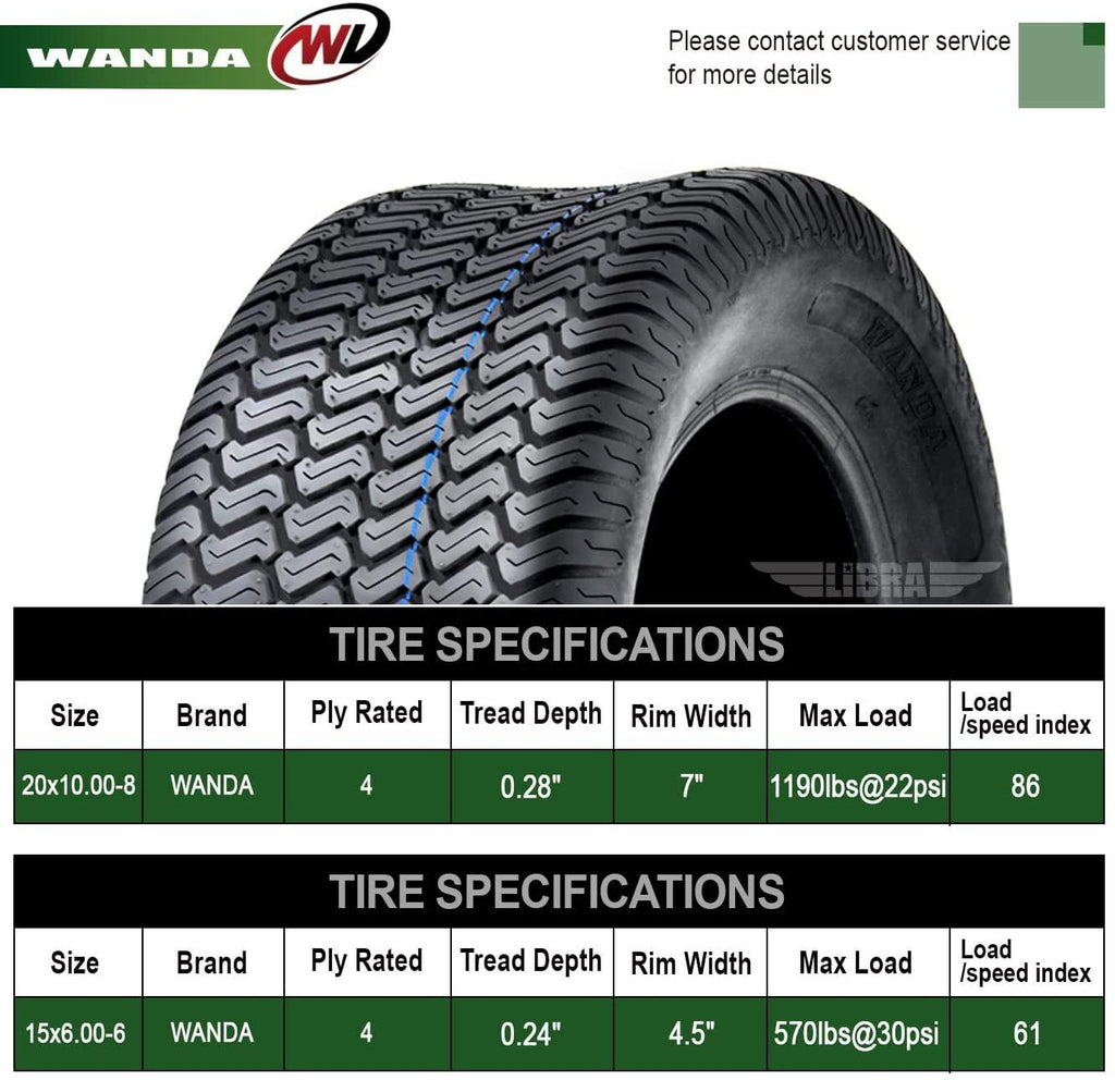 Set of 4 New Lawn Mower Turf Tires 15x6-6 Front & 20x10-8 Rear /4PR -13016/13040
