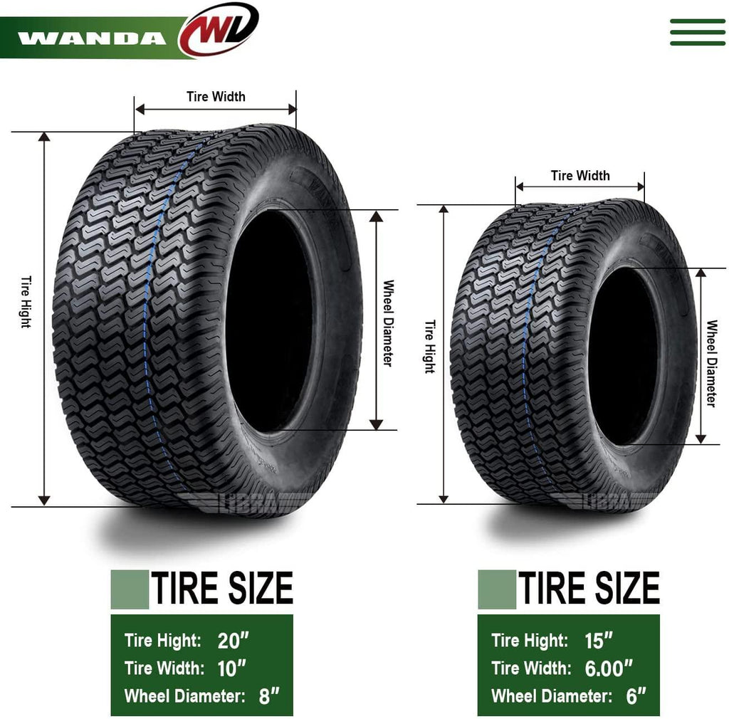 Set of 4 New Lawn Mower Turf Tires 15x6-6 Front & 20x10-8 Rear /4PR -13016/13040