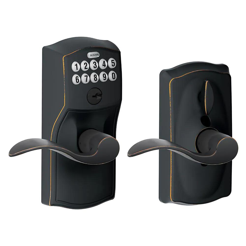 Camelot Aged Bronze Electronic Door Lock with Accent Door Lever Featuring Flex Lock