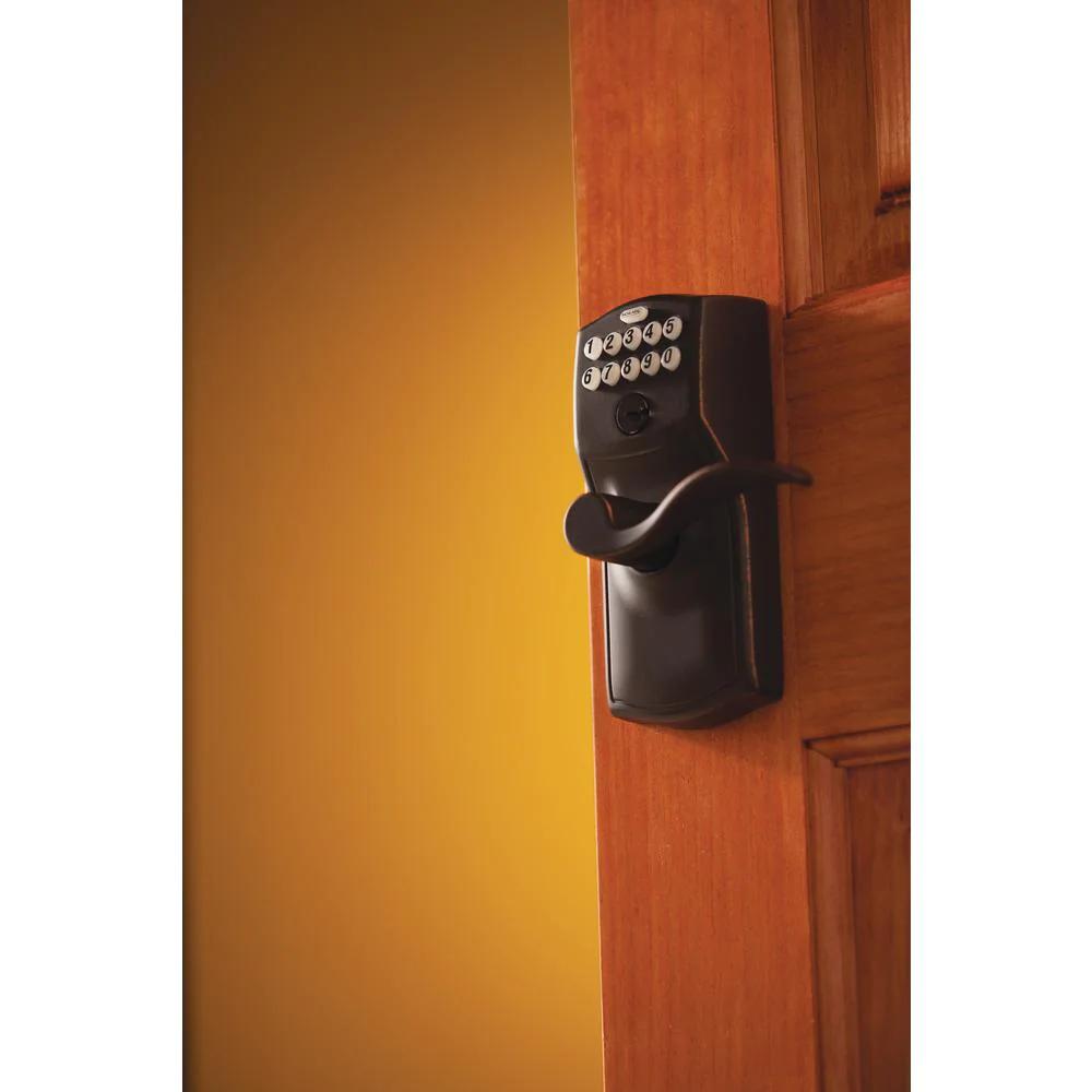 Camelot Aged Bronze Electronic Door Lock with Accent Door Lever Featuring Flex Lock