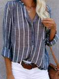 Cotton And Linen Striped Printed Long-sleeved Blouse