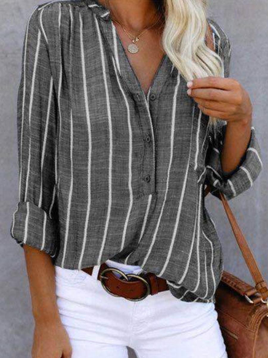 Cotton And Linen Striped Printed Long-sleeved Blouse