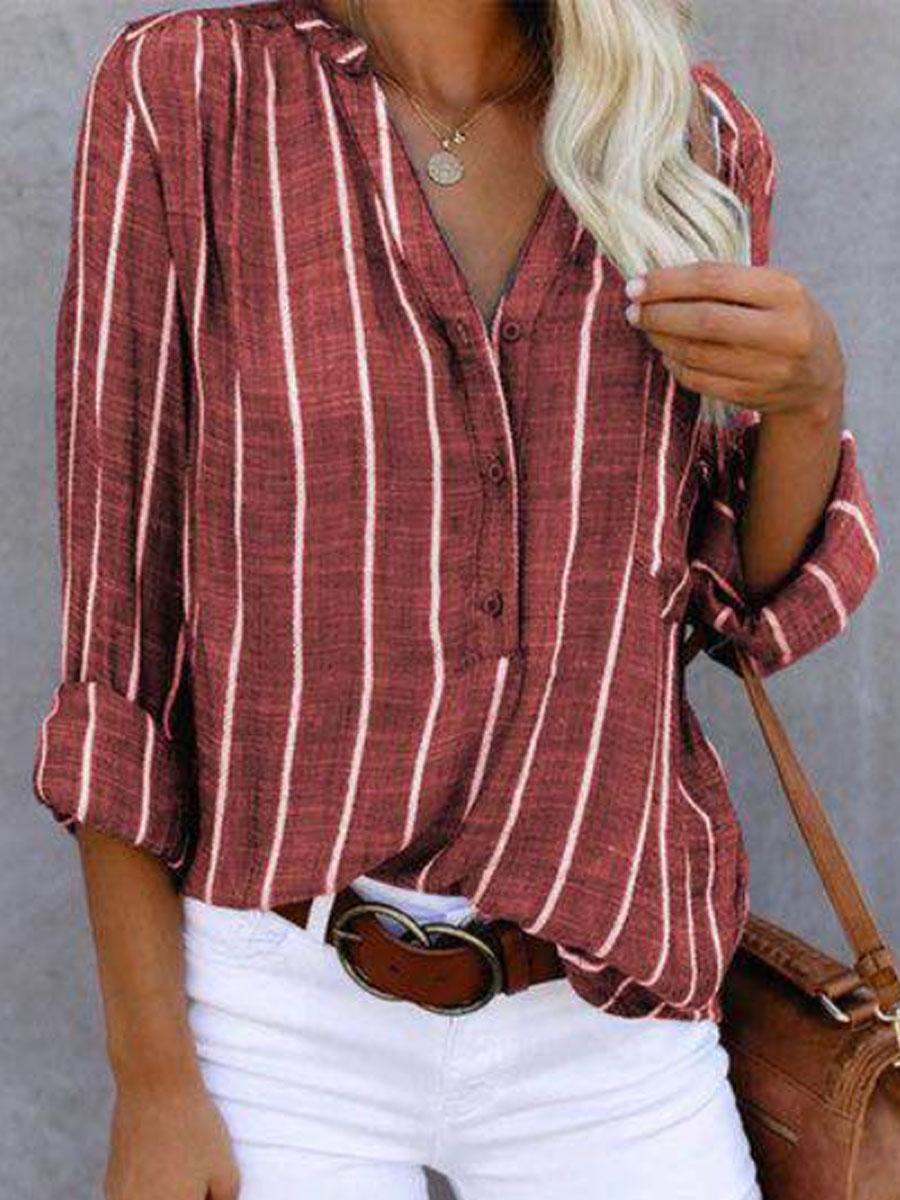 Cotton And Linen Striped Printed Long-sleeved Blouse