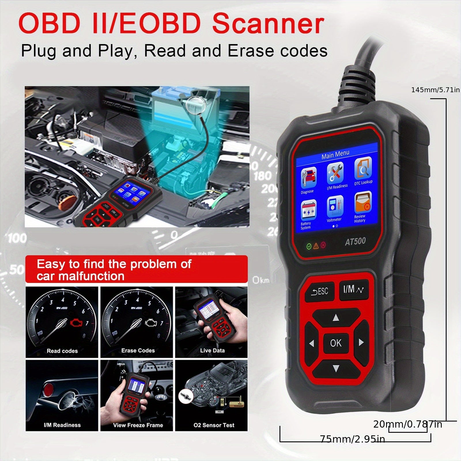 Car Code Reader, OBD2 Car Code Scanner VoltaTester Engine Fault Code Scanner CranAnd Charging Tester Diagnostic Tool For OBDII Protocol Cars