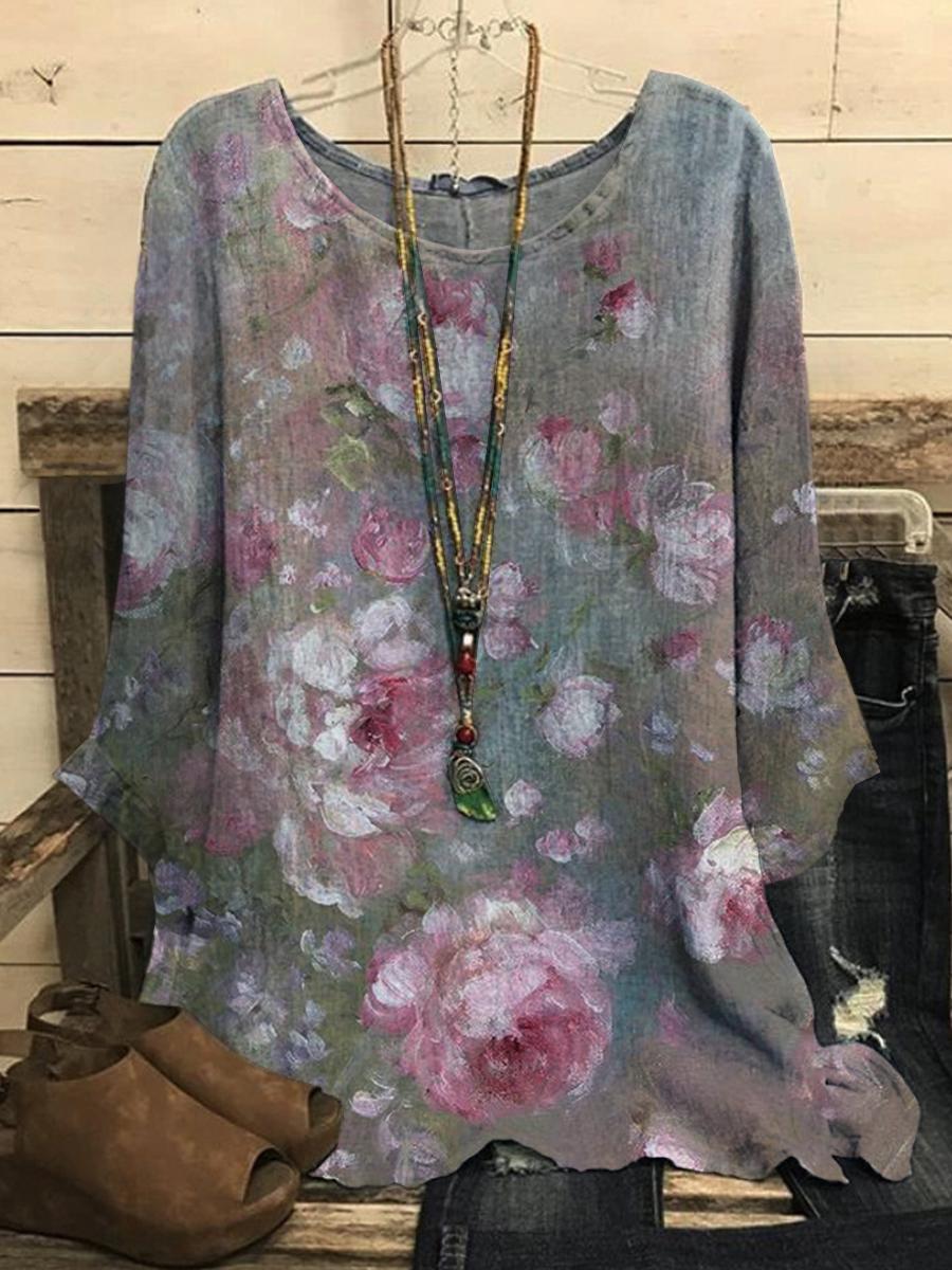 Casual Loose Round Neck Floral Print Long-sleeved Blouse