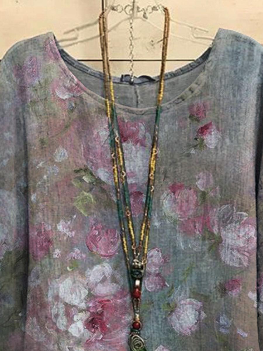 Casual Loose Round Neck Floral Print Long-sleeved Blouse