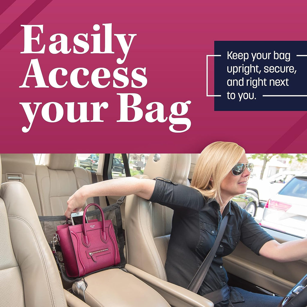 Car Cache Purse Holder for Car - Net Pocket Organizer for Handbag Storage Between Seats - Dog Car Barrier - Car Accessories for Women and Men - Black