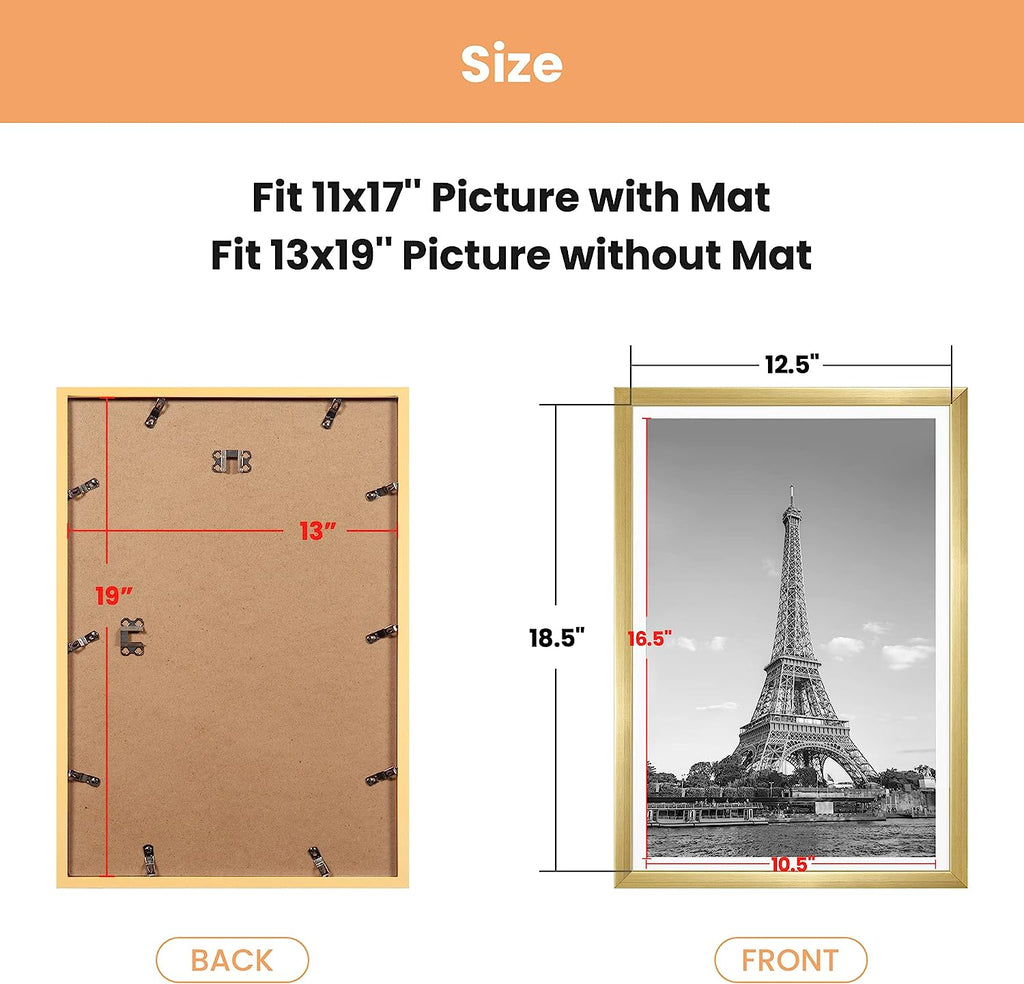 upsimples 13x19 Picture Frame Set of 5,Display Pictures 11x17 with Mat or 13x19 Without Mat, Wall Gallery Photo Frames,Gold