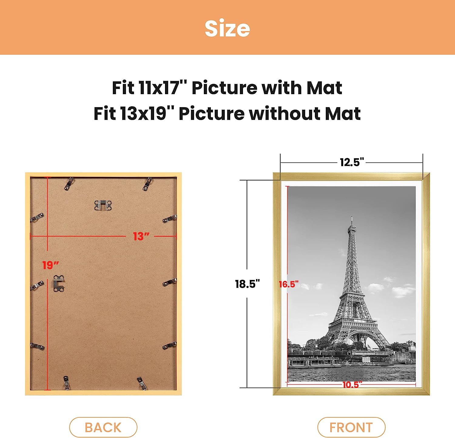 upsimples 13x19 Picture Frame Set of 5,Display Pictures 11x17 with Mat or 13x19 Without Mat, Wall Gallery Photo Frames,Gold