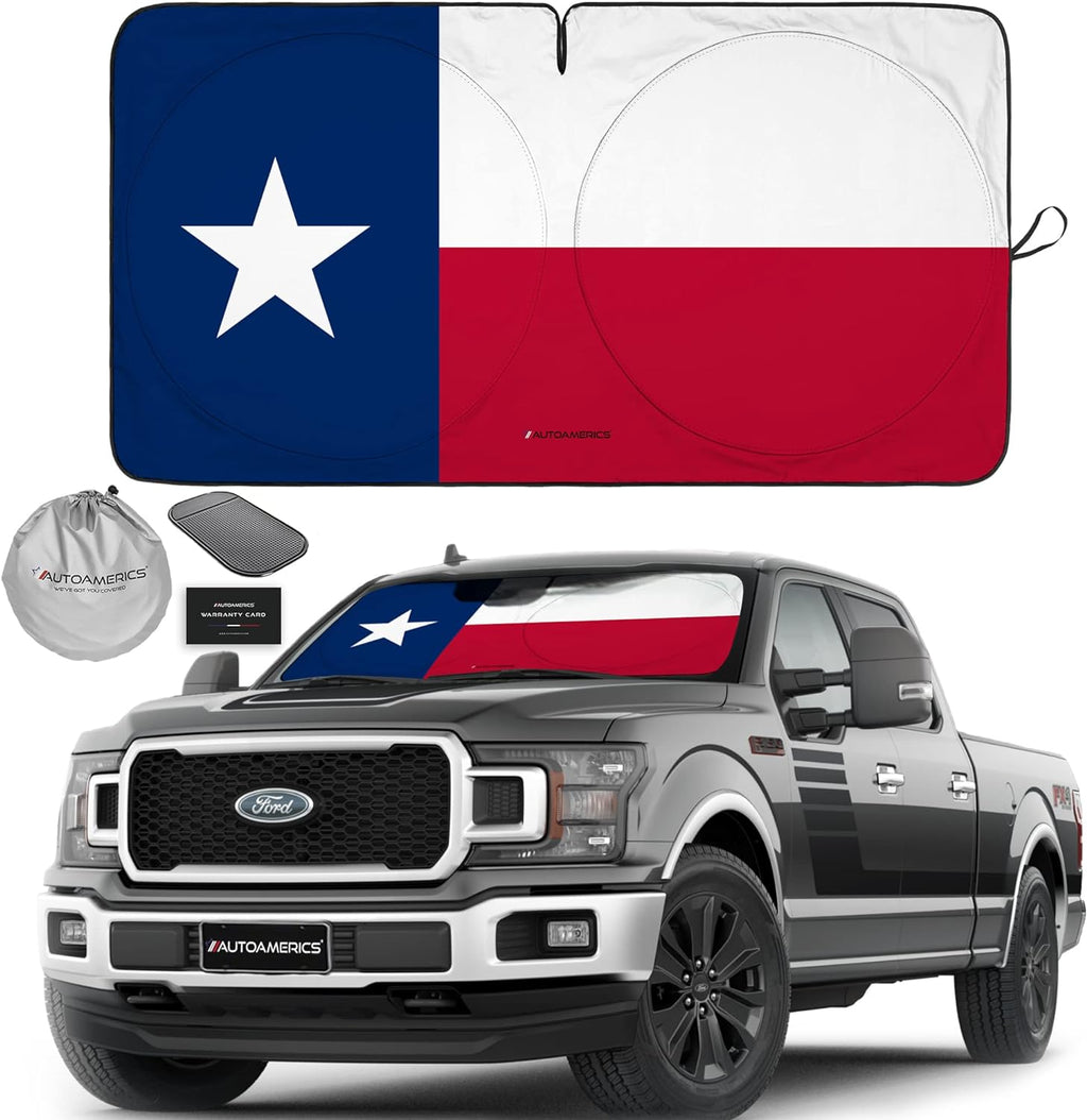 Autoamerics 1-Piece Windshield Sun Shade American Texas Flag USA Patriotic  - Foldable Car Front Window Sunshade for Sedans SUV Truck - Blocks Max UV Rays and Keeps Your Vehicle Cool - X-Large