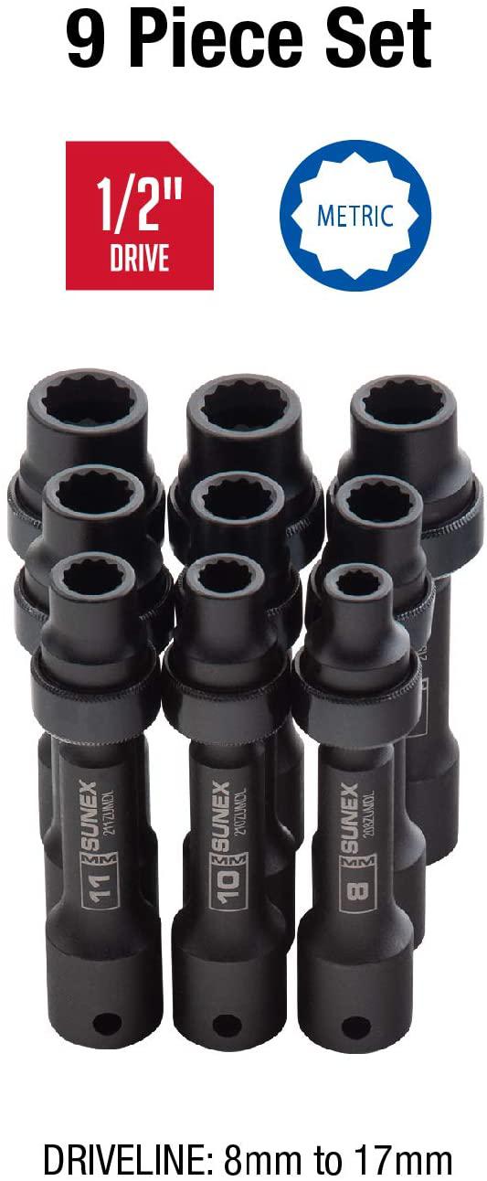 Sunex 2695, ½ Inch Drive Driveline Limited Clearance Socket Set, 12-Point, 9-Piece, Metric, 8mm-17mm, Cr-Mo Steel, Heavy Duty StoraCase