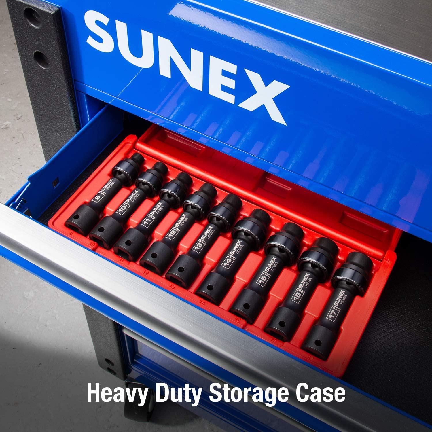 Sunex 2695, ½ Inch Drive Driveline Limited Clearance Socket Set, 12-Point, 9-Piece, Metric, 8mm-17mm, Cr-Mo Steel, Heavy Duty StoraCase