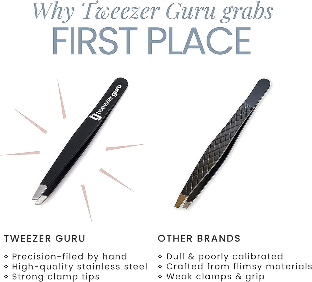 Tweezer Guru Tweezers for Women - Slant Pointed Precision Tweezers for Eyebrows &amp; Ingrown Hair Removal - Blackhead and Splinter Tweezer with Sharp Needle Nose Point for Plucking (Black)
