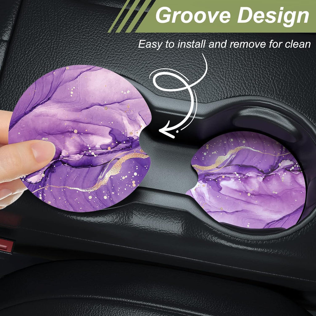 Nipichsha Car Cup Holder Coasters, Car Coasters for Cup Holders, 2 Pack Anti Slip Insert Coasters, Rubber Car Cup Mat with A Finger Notch, Cute Car Interior Accessories for Women Men (Purple Marble)