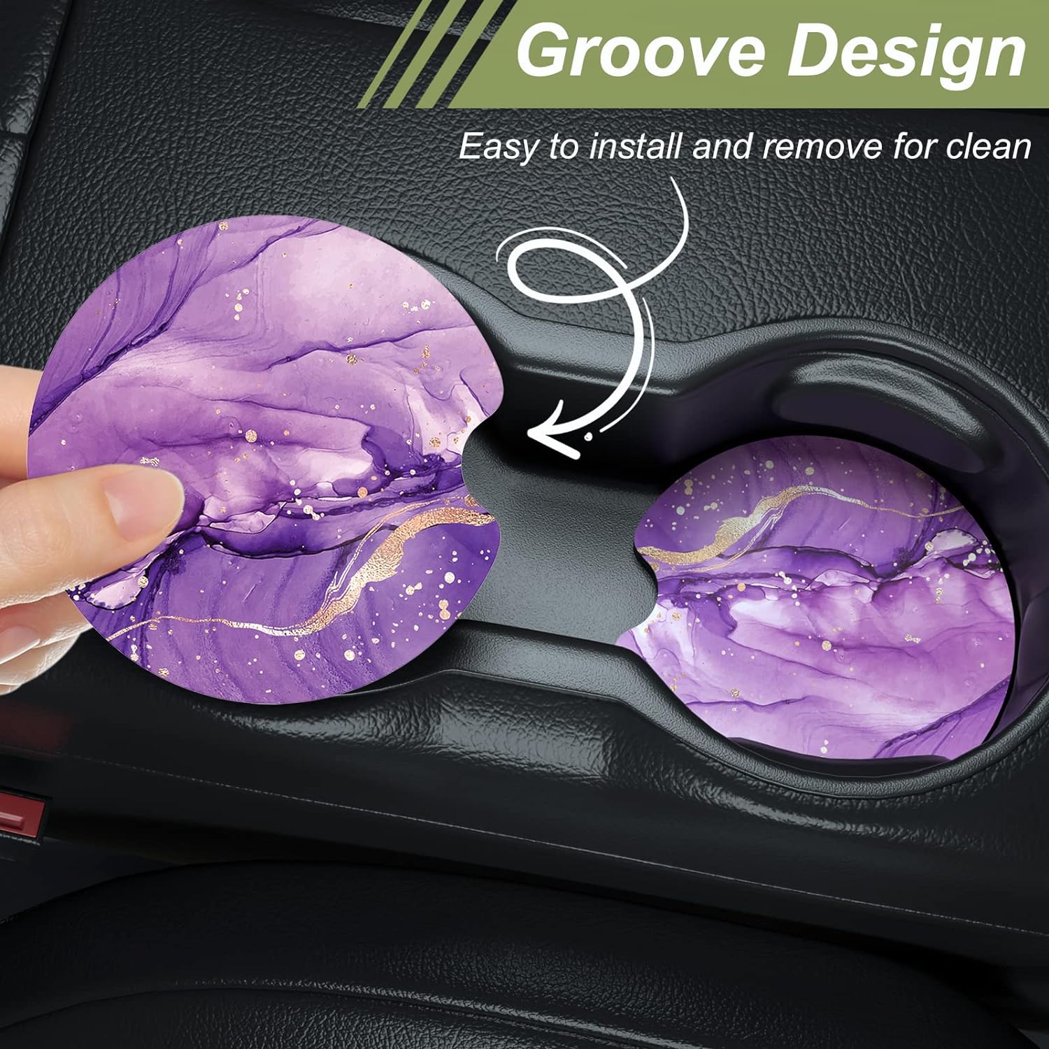 Nipichsha Car Cup Holder Coasters, Car Coasters for Cup Holders, 2 Pack Anti Slip Insert Coasters, Rubber Car Cup Mat with A Finger Notch, Cute Car Interior Accessories for Women Men (Purple Marble)