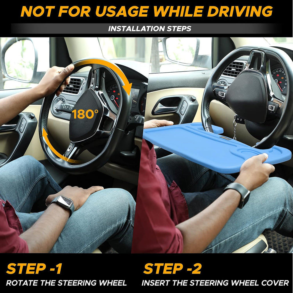 EcoNour 2 in 1 Car Steering Wheel Desk (Blue) | Steering Wheel Tray for Laptop Car Mount with Pen Holder | Car Food Tray for Eating with Drinks Holder | Multipurpose Travel Car Accessories
