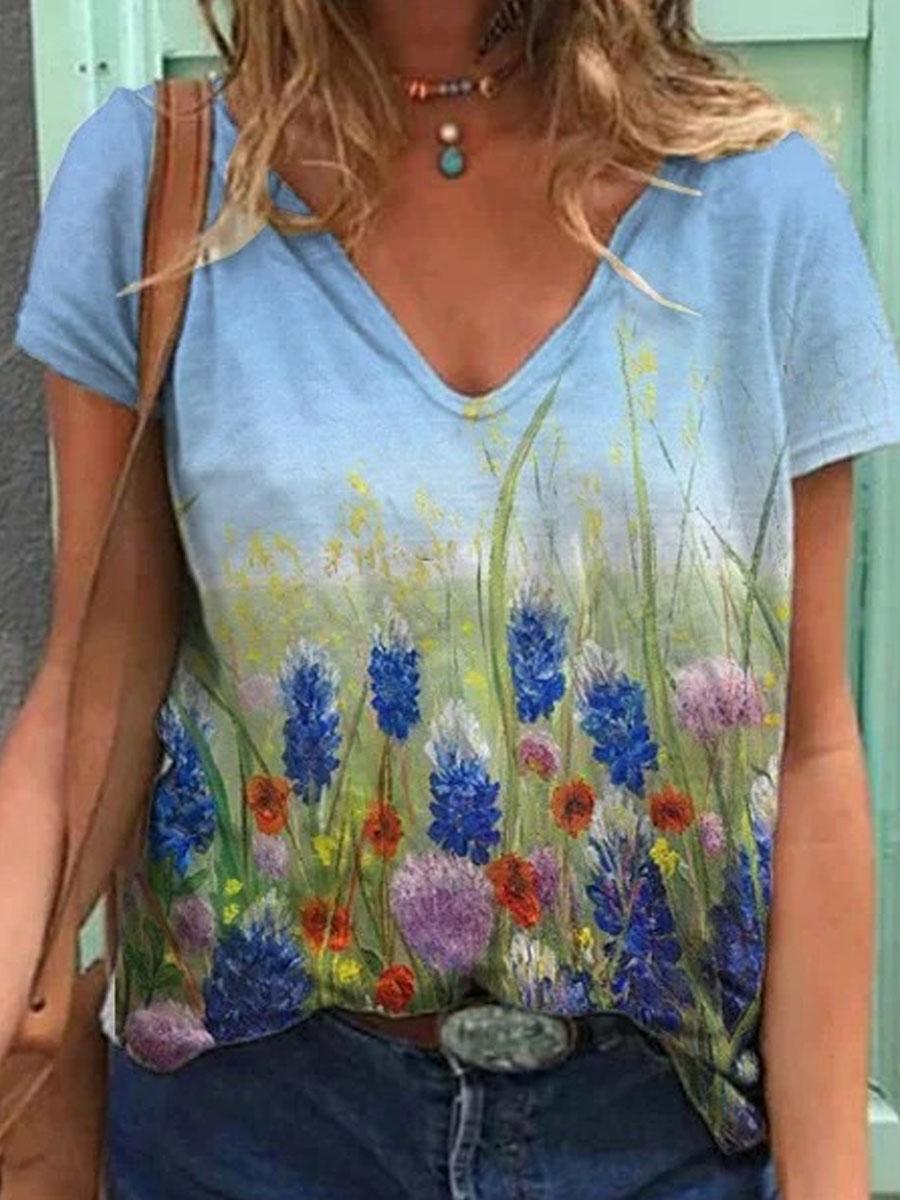 V-neck Floral Print Loose Short-sleeved T-shirt