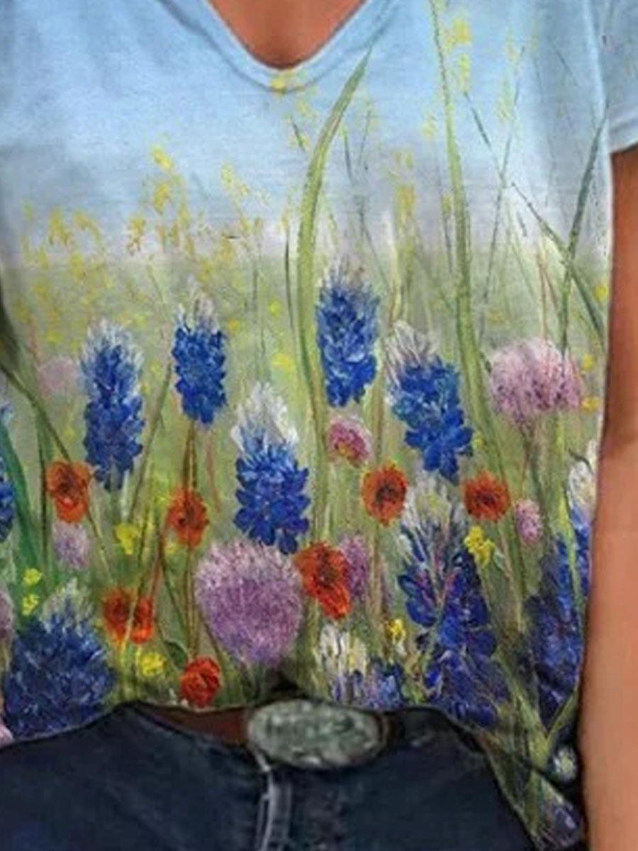 V-neck Floral Print Loose Short-sleeved T-shirt