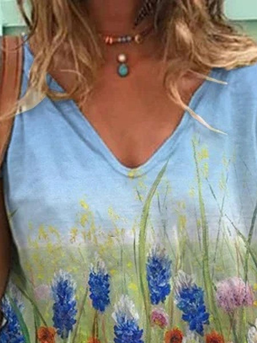 V-neck Floral Print Loose Short-sleeved T-shirt