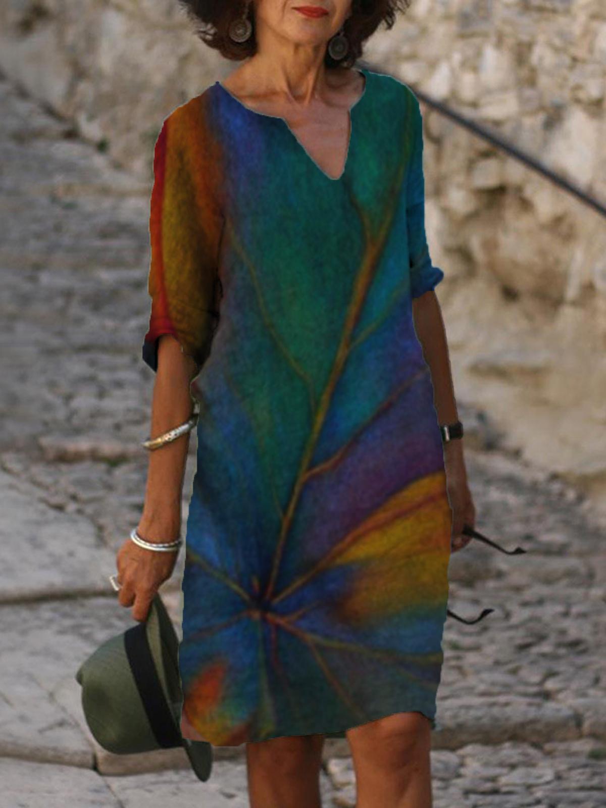 Leaf Print V-neck Short Sleeve Midi Dress Women