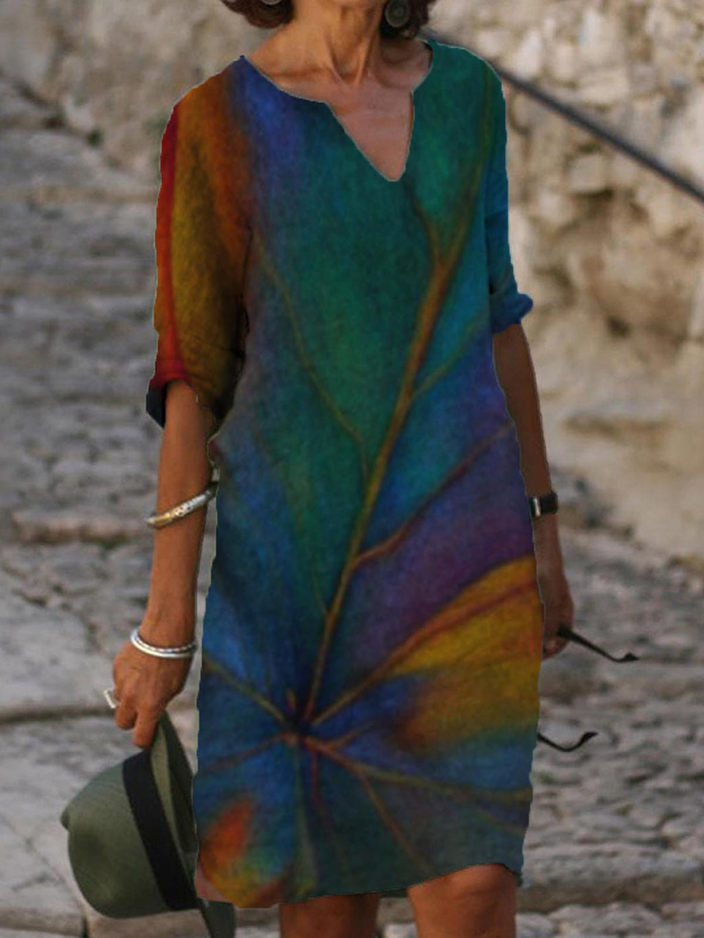 Leaf Print V-neck Short Sleeve Midi Dress Women
