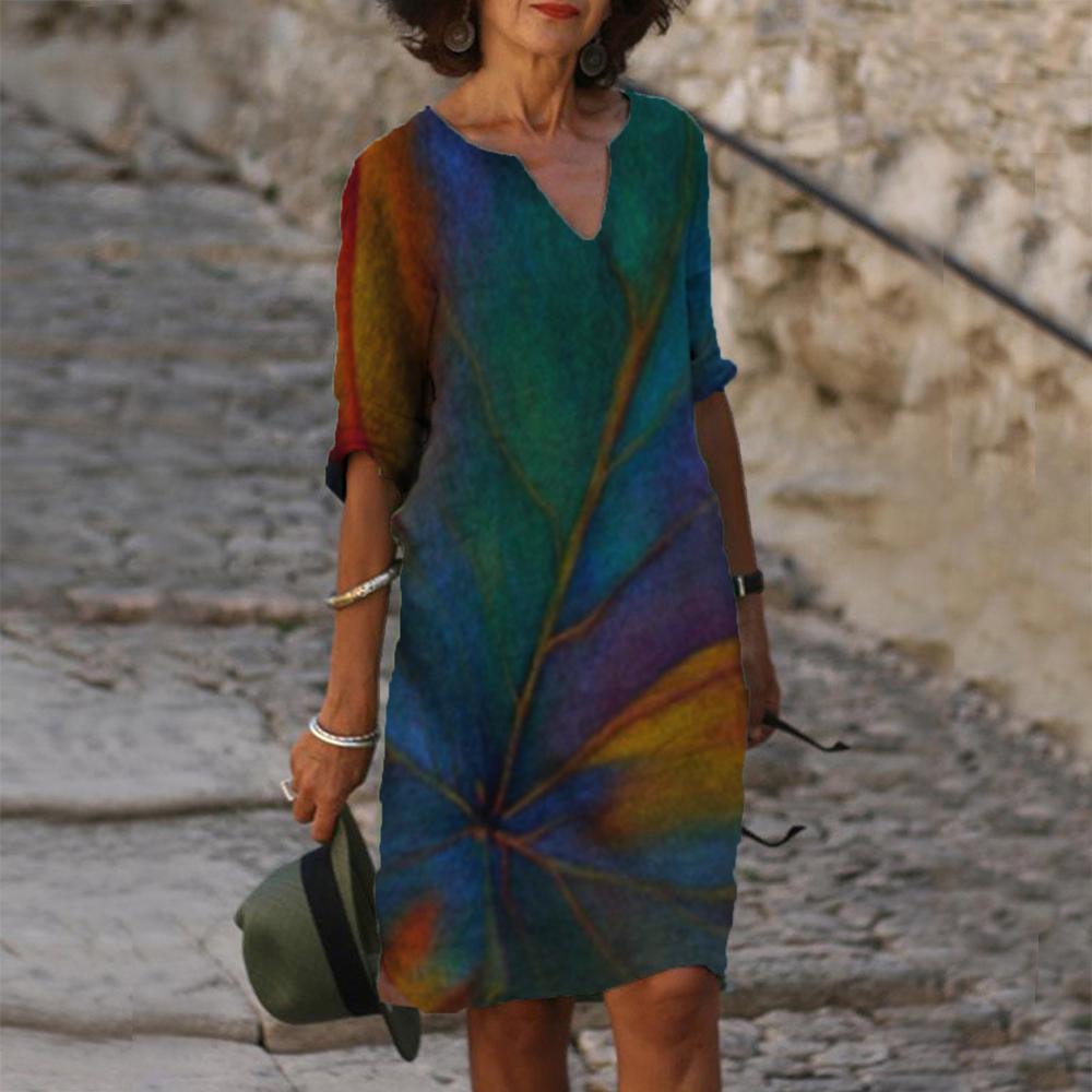 Leaf Print V-neck Short Sleeve Midi Dress Women